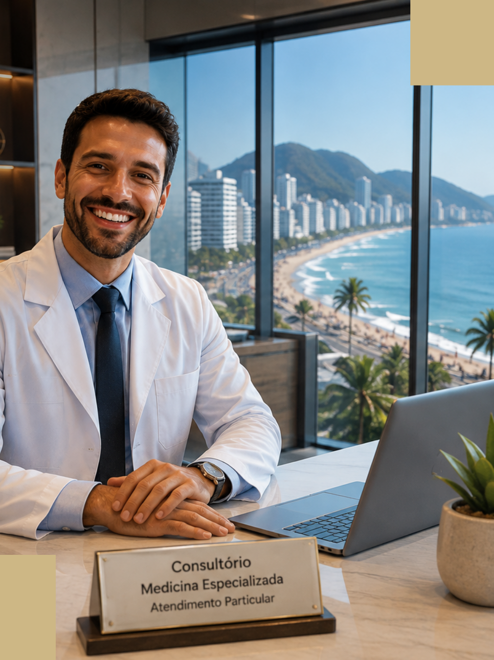 Ortopedista sorrindo em consultório particular com vista para a orla