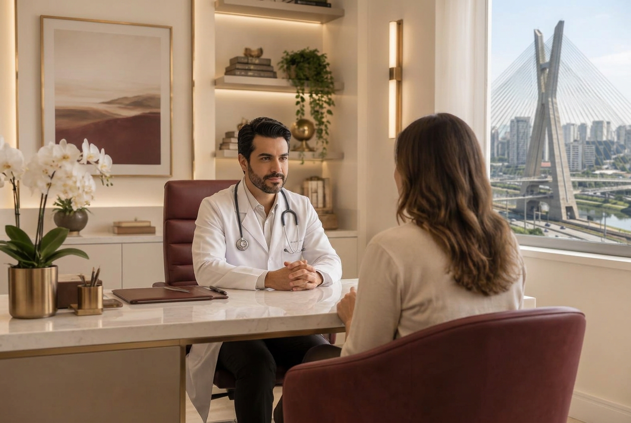 Médico atendendo uma paciente em consultório com vista para a Ponte Estaiada, em São Paulo